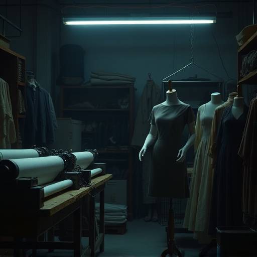 A dimly lit tailor's workshop with fabric bolts and a mannequin