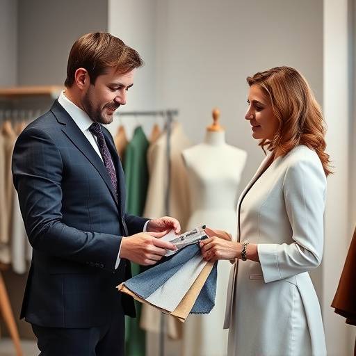 A tailor discussing fabric swatches with a client in a refined studio setting.